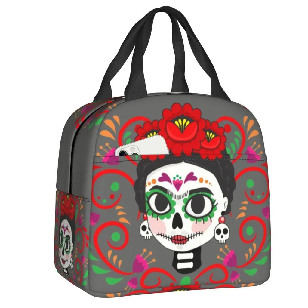 Mexican Sugar Skull Day Of The Dead Art Insulated Lunch Bags Women Resuable Thermal Cooler Food Lunch Box Outdoor Camping Travel