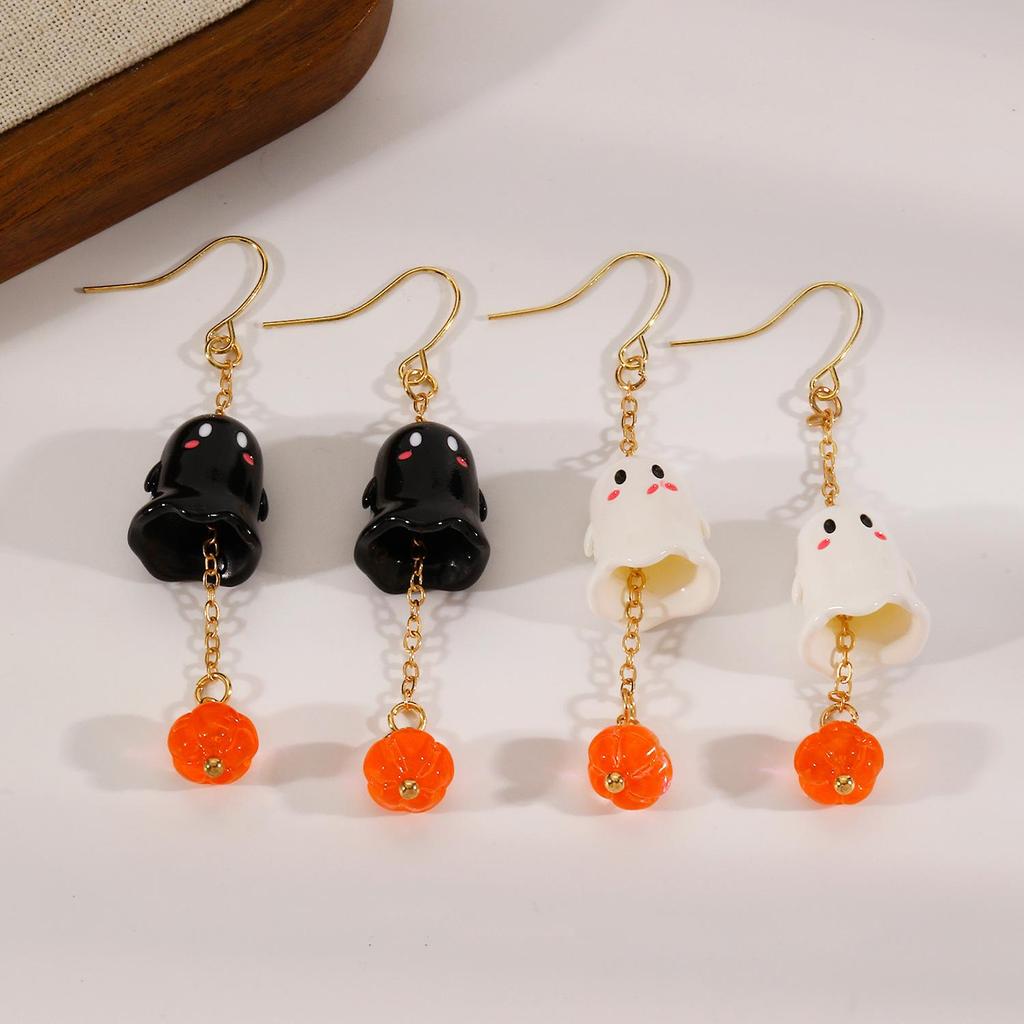European & American Halloween Cartoon Ghost Pumpkin Earrings - Black & White Little Devil Pendant with Long Ear Hook.