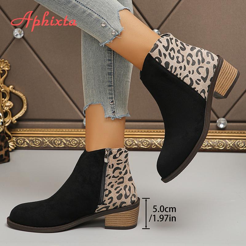 Aphixta 5cm Square Heel Lepoard Ankle Boots Pointed Toe Side Zip Women Boots Lady Footwear Women Autumn Winter Boots Size43 Shoe