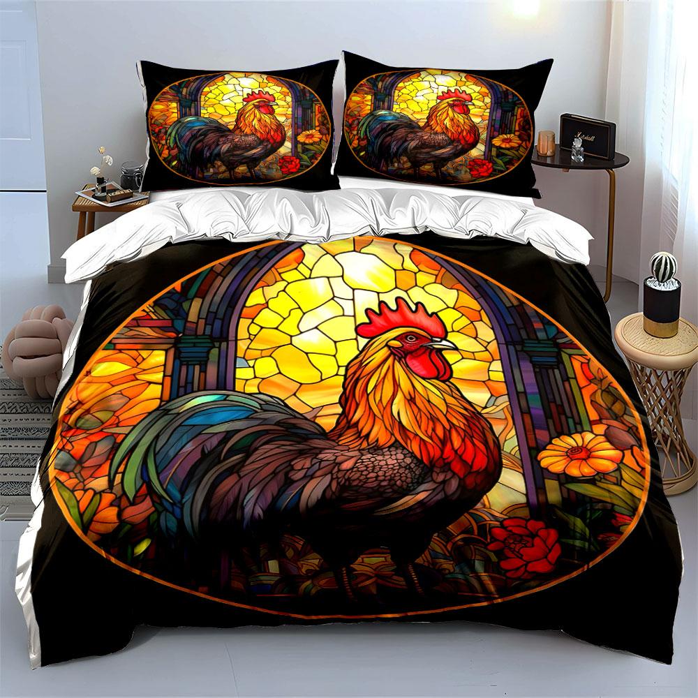 Colorful Rooster Stained Glass Decor Soft Comfortable Duvet Cover Bedding Set Included 1*Duvet Cover & 2*Pillowcases, Gift