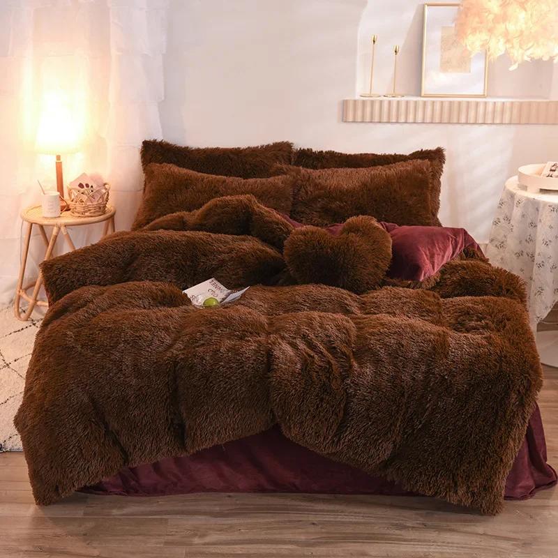3/4PCS Winter Warm Plush Duvet Cover Pink Mink Velve+fluffy Flannel Quilt Cover Queen King Size Luxury Double Bed Bedding Set