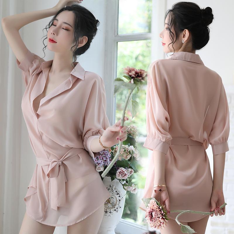 Sex underwear pajamas women's summer long chiffon shirt Korean version perspective shirt bathrobe home