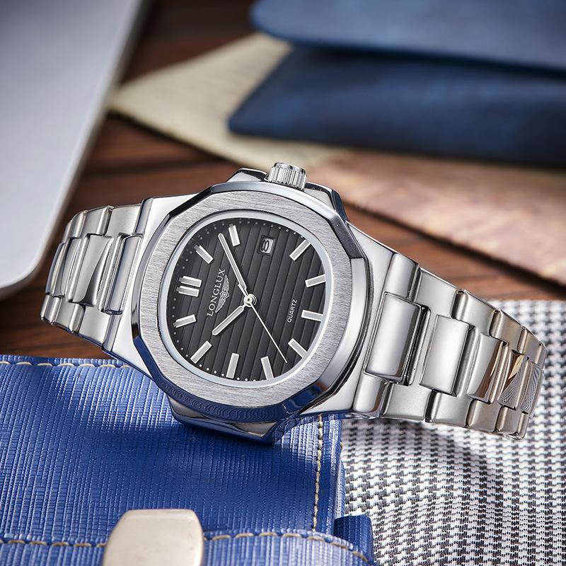 LONGLUX Men's Steel Strap Nautilus Watch Calendar Luminous Business Quartz Watch