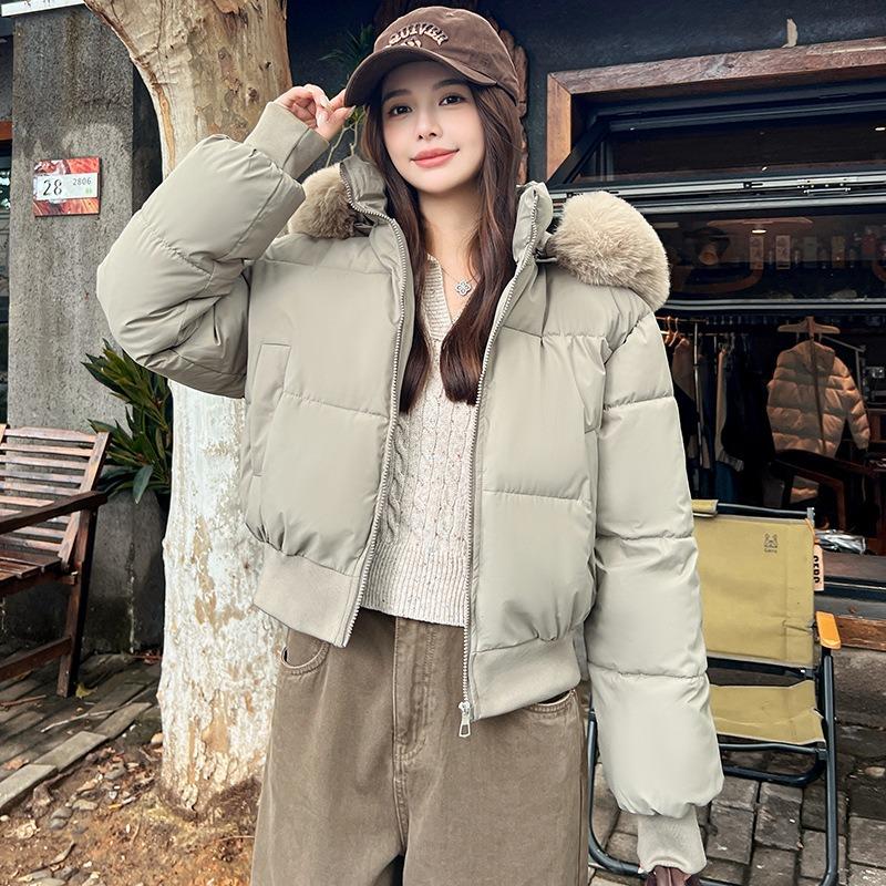 

New hooded big fur collar cotton clothes short winter thickened cotton clothes waist jacket tide XL хакі