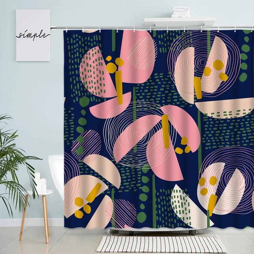 Abstract Shower Curtain Colorful Mid Century Graffiti Geometric Cute Cartoon Kids Watercolor Doodle Plant Curve Bathroom Decor