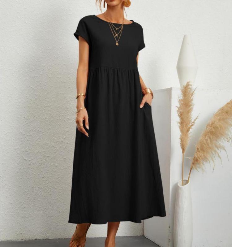 Summer Women Casual Loose Fit Sleeveless Cotton Linen Dress Solid Color Pocket
