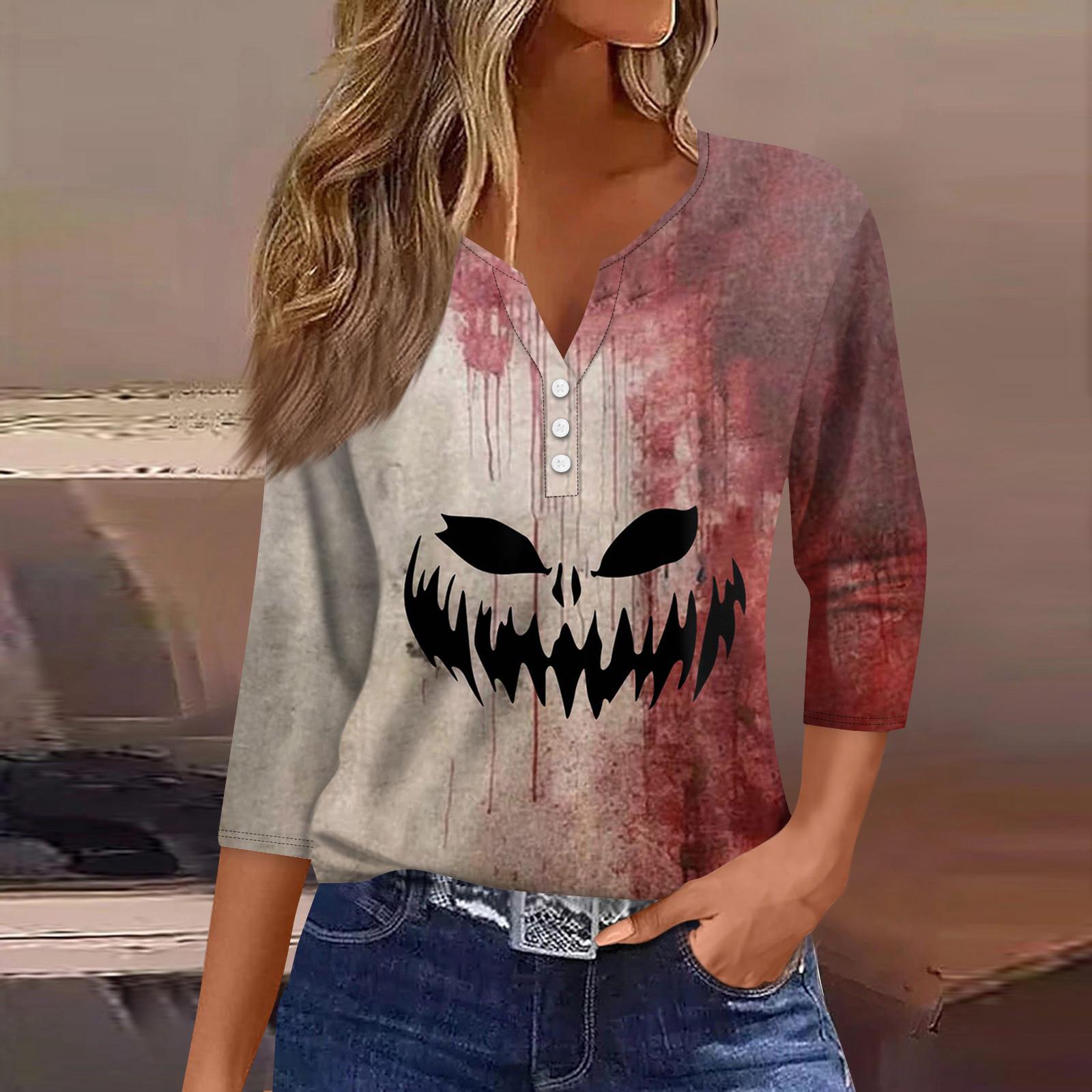 

Женский модный повседневный топ с рукавом три четверти, Хэллоуин с буквами, топ с принтом «Призрачное лицо» M киноварь