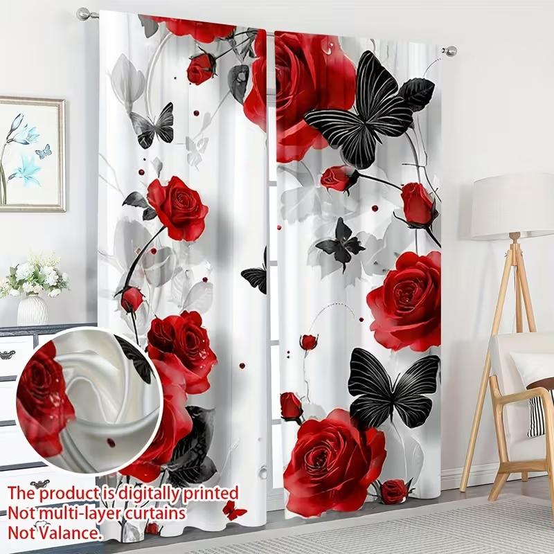 2Pcs Roses and Butterflies Print Curtains,suitable for Bedroom,living Room Kitchen Decoration,home Decoration,window Decoration