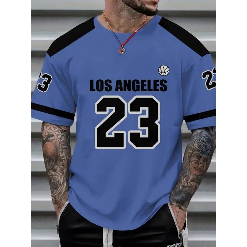 Verano europeo y americano para hombre Los Ángeles estampado de letras a rayas cómodo transpirable cuello redondo