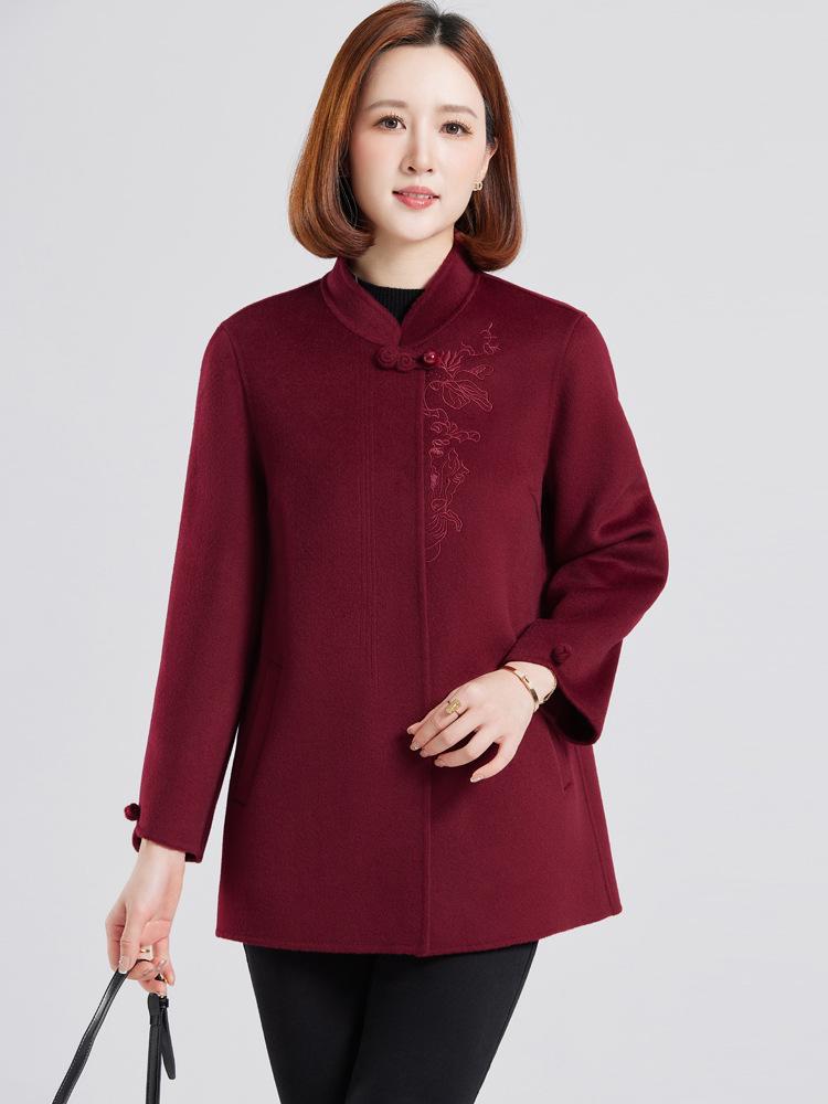 Mom's Embroidered Cashmere Coat for Women - Fashionable Autumn/Winter Wool Overcoat for Middle-Aged and Elderly Ladies