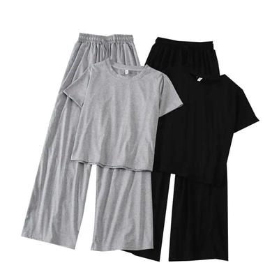 2PCS Damen Frühling und Sommer Freizeitanzug Fauler koreanischer Stil Dünne Sportbekleidung Kurzarm T-Shirt Top mit weitem Bein Hosen Zweiteilige Sets
