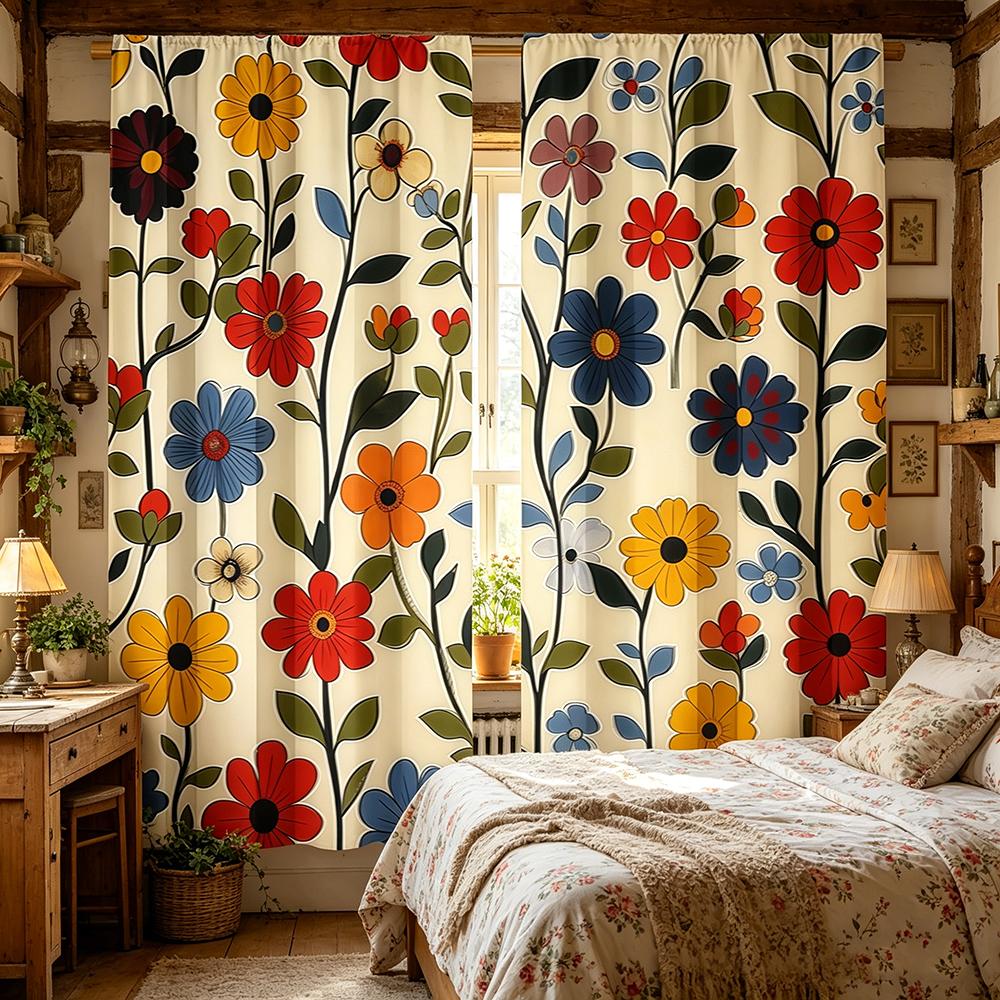 2PCS Digital Printed Curtains, Colorful Big Floral Vibrant Botanical, Rod Pocket Window Drapes for Living Room Bedroom Decor