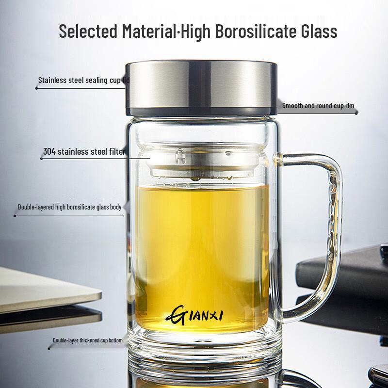 GIANXI Double-Layer Borosilicate Glass Tea Infuser Cup with Handle