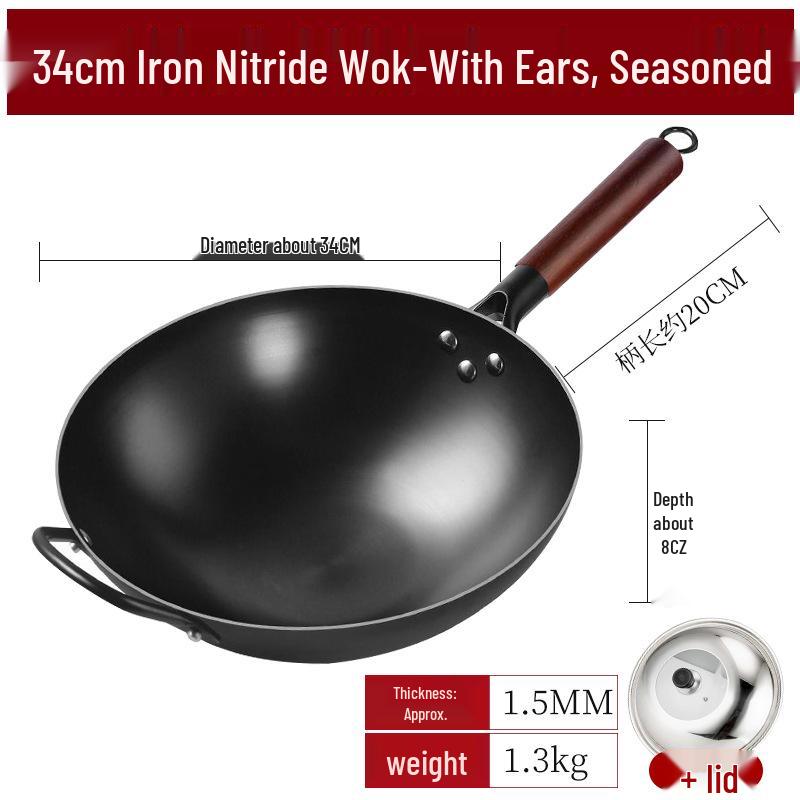 Nitrided Iron Non-Stick Rust-Proof Wok - Forged, No Coating, Round Bottom.