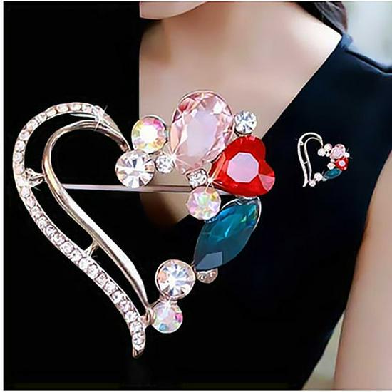 Elegant Gold Heart Brooch with Colorful Crystal Water Drop - Creative Gift Lapel Pin  Scarf Buckle. Zhen Yao Jewelry