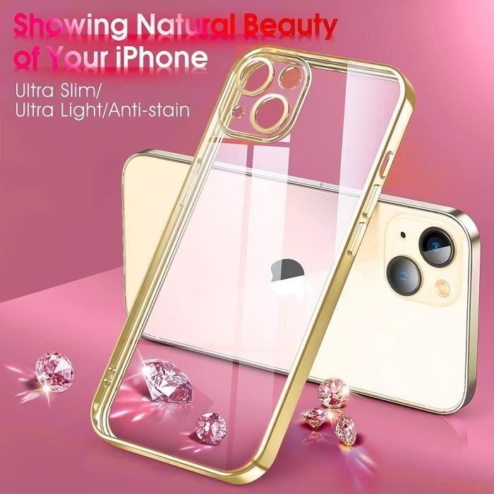 Coque Silicone - pour iPhone 14 - Transparent - Contour Métallique Doré - Souple - Installation Facile