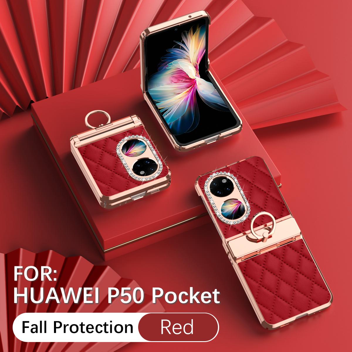 

Luxury Fashion Diamonds Leather Plating Ring Holder Phone Case For Huawei P50 Pocket Hinge Full Protection Case Cover PC and Leather&Huawei P50 Pocket красный
