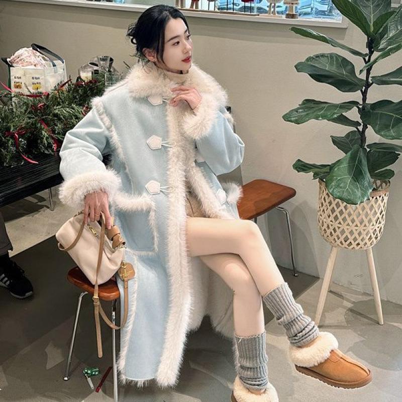 

New Mao Mao jacket imitation fox hair horn buckle fur integrated thickened warm winter long coat L (131-72.5 kg) синій