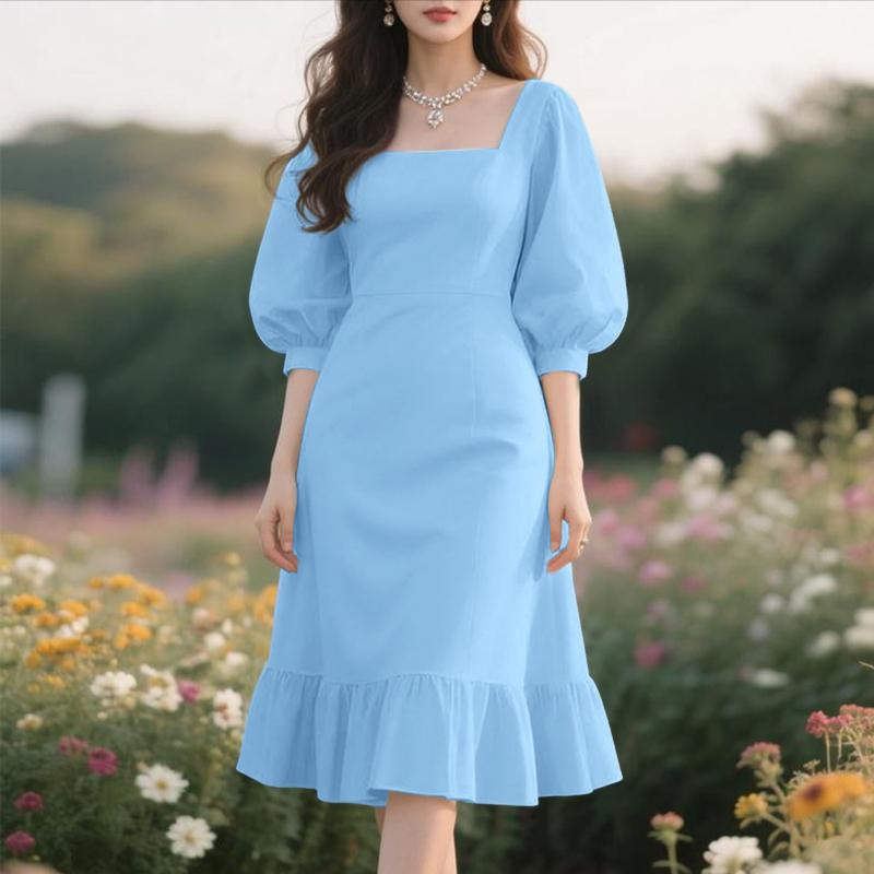 ZANZEA Women Square Collar Summer Casual 3/4 Sleeve Elegant Dress M