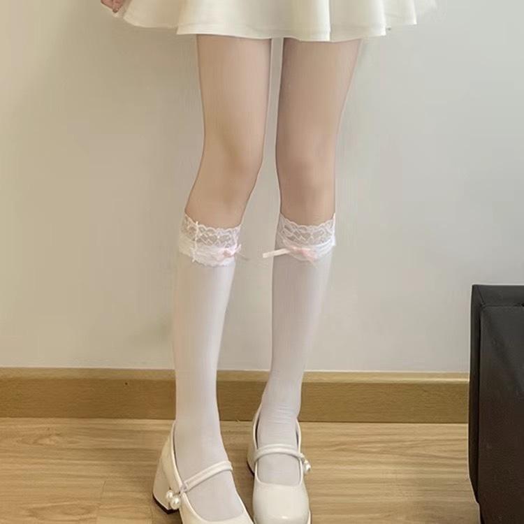 Lolita White Knee Socks Summer Thin Velvet High Thigh Socks Pure Lace Bow Stockings