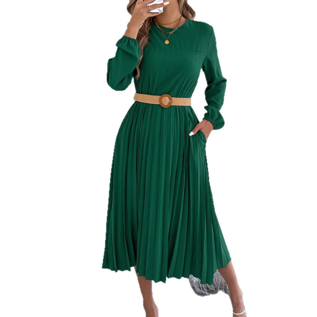 Spring and Summer Casual Solid-color Long-sleeved Padded Pleated Dress for Women