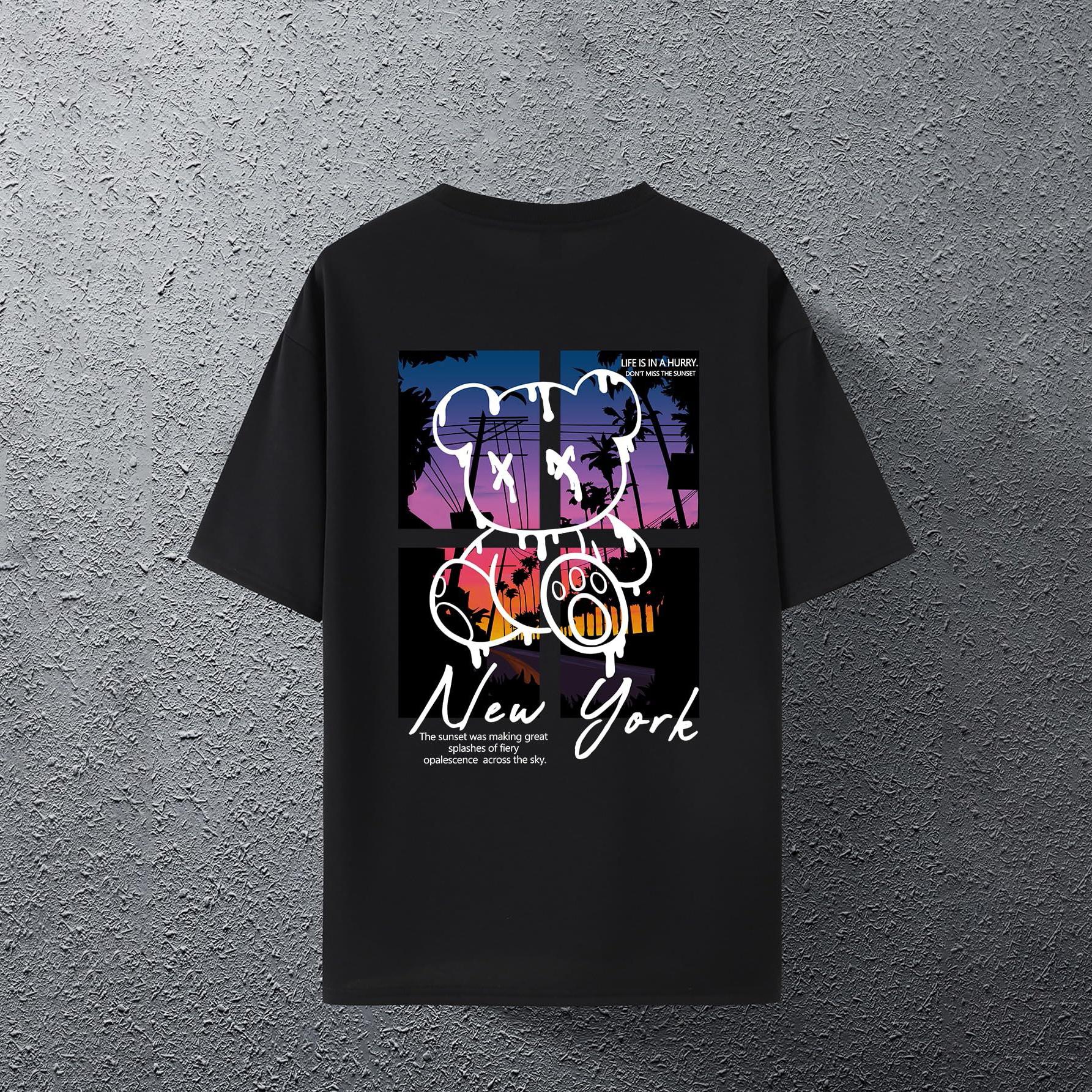 Men s Urban Streetwear Tee, Dripping Bear & New York Sunset Graphic,  Don t Miss The Sunset  Casual Oversized T-Shirt L чёрный