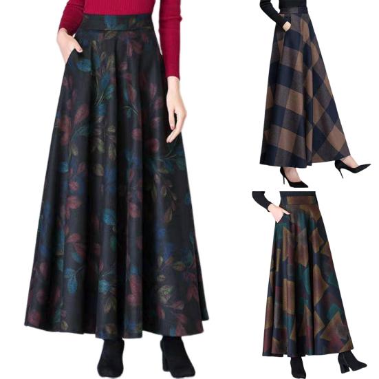 Woolen Skirt Elastic High Waist Large Hem Maxi Skirt with Pockets Plaid Pattern A-Line Autumn Winter Skirt Daily Wear