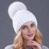 Xthree Berretto Invernale in Maglia con Pompon in Vera Pelliccia per Donna Cappello Berretti Cappellini Nuovissimo Spesso Cappello Femminile Cappellini Berretti