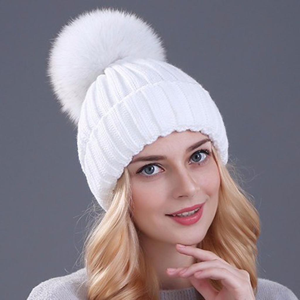Xthree Berretto Invernale in Maglia con Pompon in Vera Pelliccia per Donna Cappello Berretti Cappellini Nuovissimo Spesso Cappello Femminile Cappellini Berretti