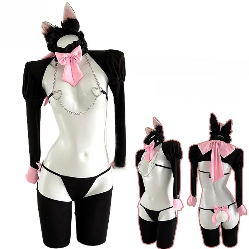 Quente Erótico Sexy Anime Gato Cosplay Uniforme Amor Corrente de Peito Fantasias Tentação Oco Sexy Roupa Pornô Para Mulheres