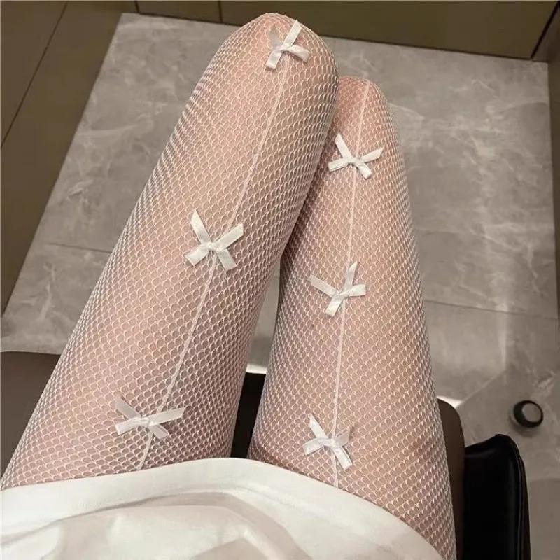 Lolita Girls Bowknot Hollow Out Pantyhose for Women Sexy Thin Sweet Lace Tights Anime Socks Black White Fishnet Silk Stockings