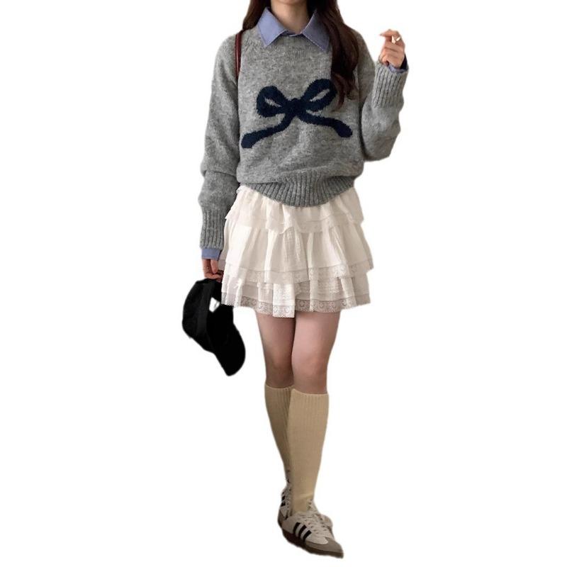 Girly bow jacquard crew neck sweater women's autumn and winter new lazy wind outside knitted sweater top