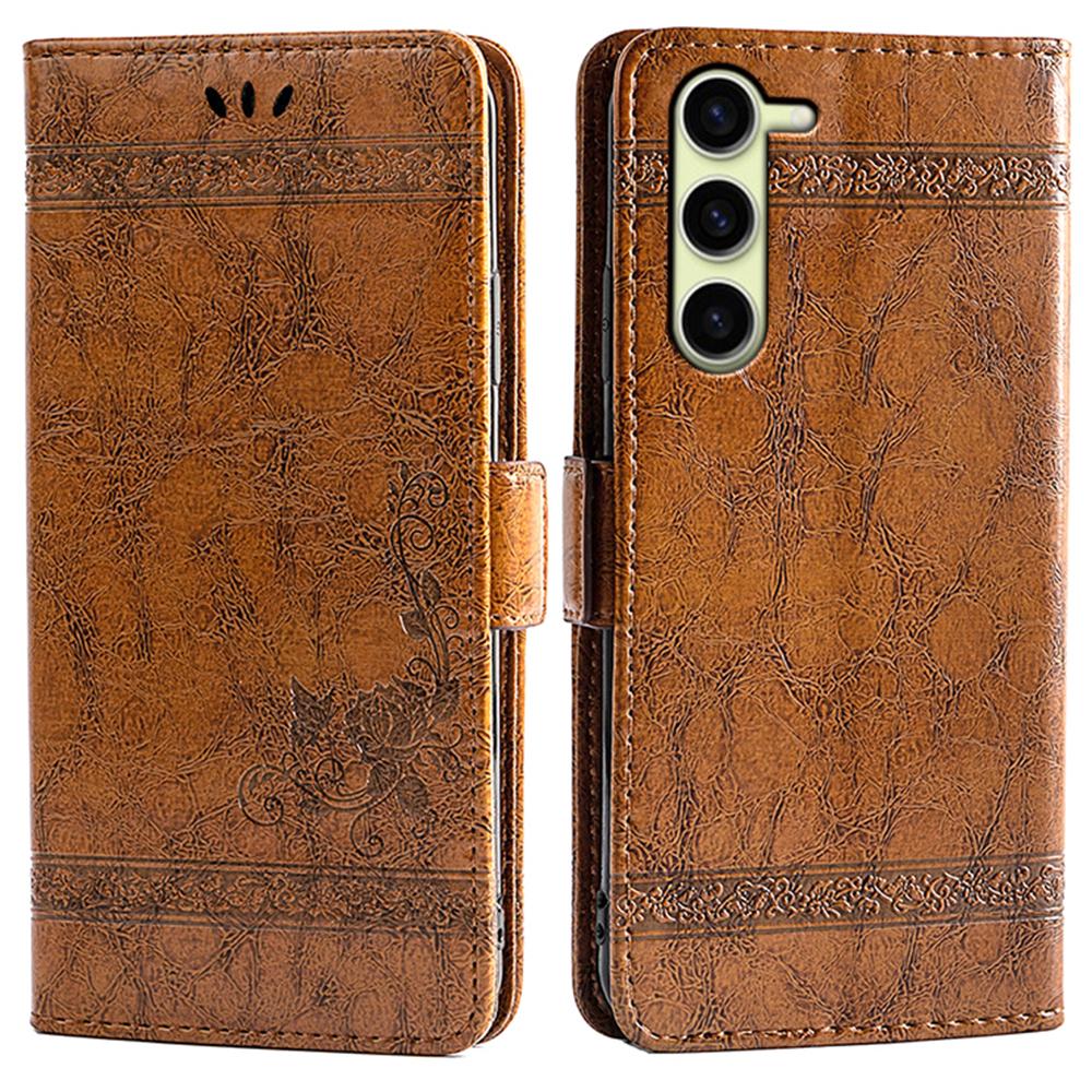 

For Samsung Galaxy S23+ Leather Case Flower Imprint Wallet Phone Cover with Side Buckle Brown