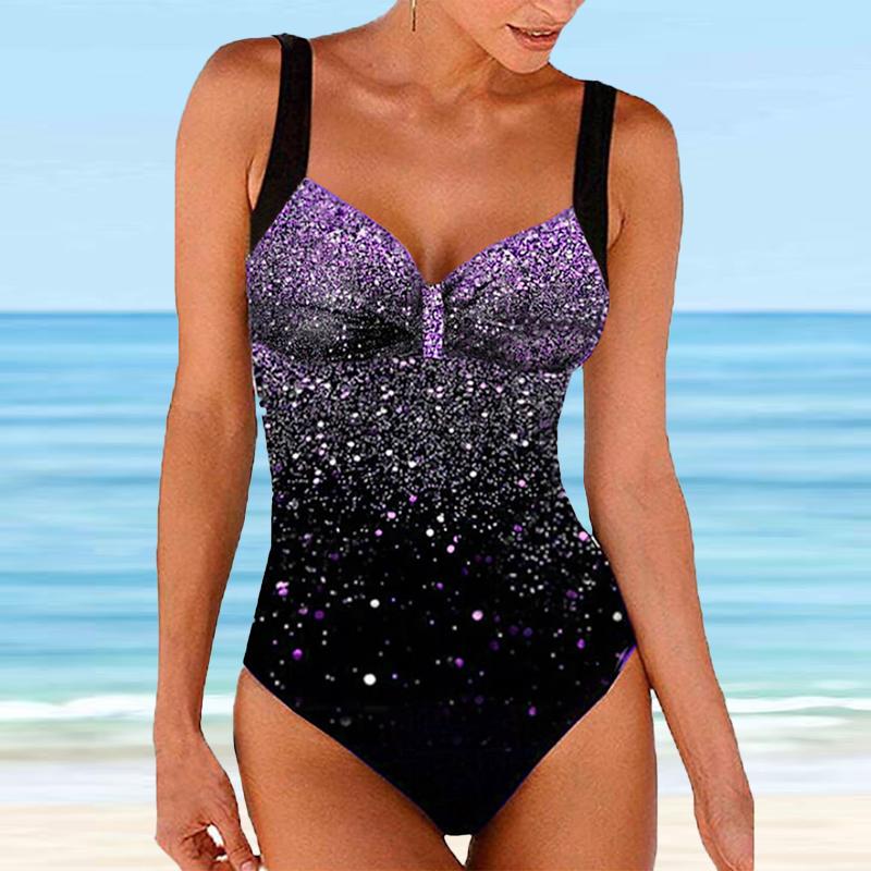 Damen-Badeanzug mit Schultergurten, blauer Blasen-Pailletten-Print, Bikini-Tankini-Badeanzug