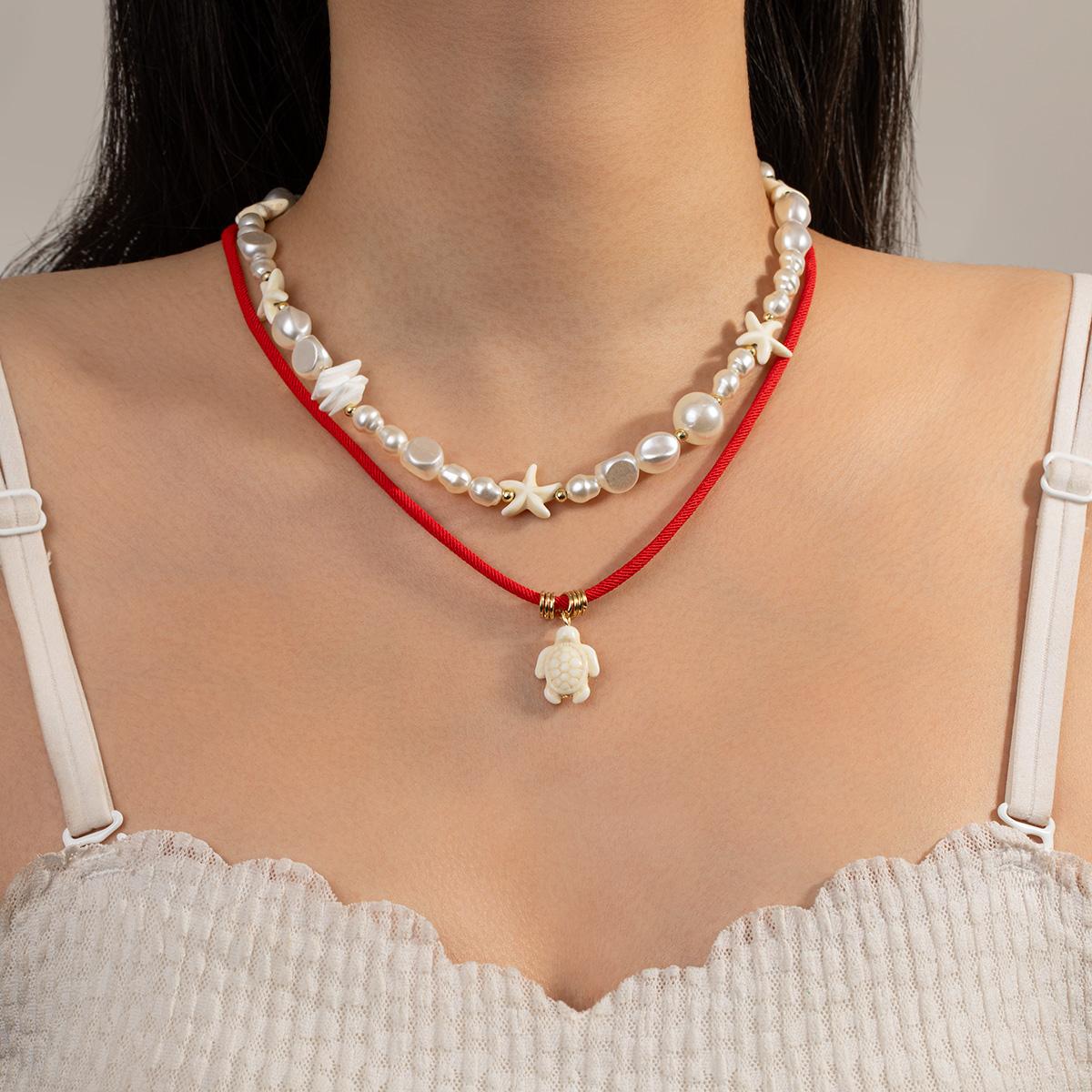 

2 Bohemian style turquoise turtle pendants, double-layer red imitation pearl women s necklace, versatile for daily use