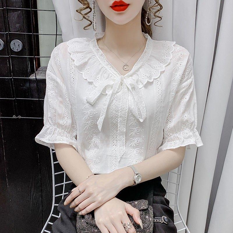 Ricamo Estivo Manica a Sbuffo Lino Cotone Blusa da Donna Primavera Casual Bianco Top Traforati Camicia Manica Corta