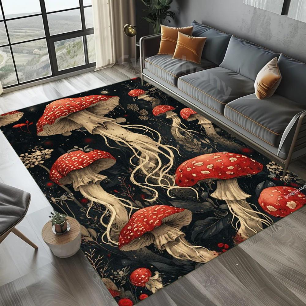 Mushrooms Carpet Red White Spots Rug Mat Home Decoration Fern Leaves Vine Ornament Non-Slip Soft Floor Mat for Living Room