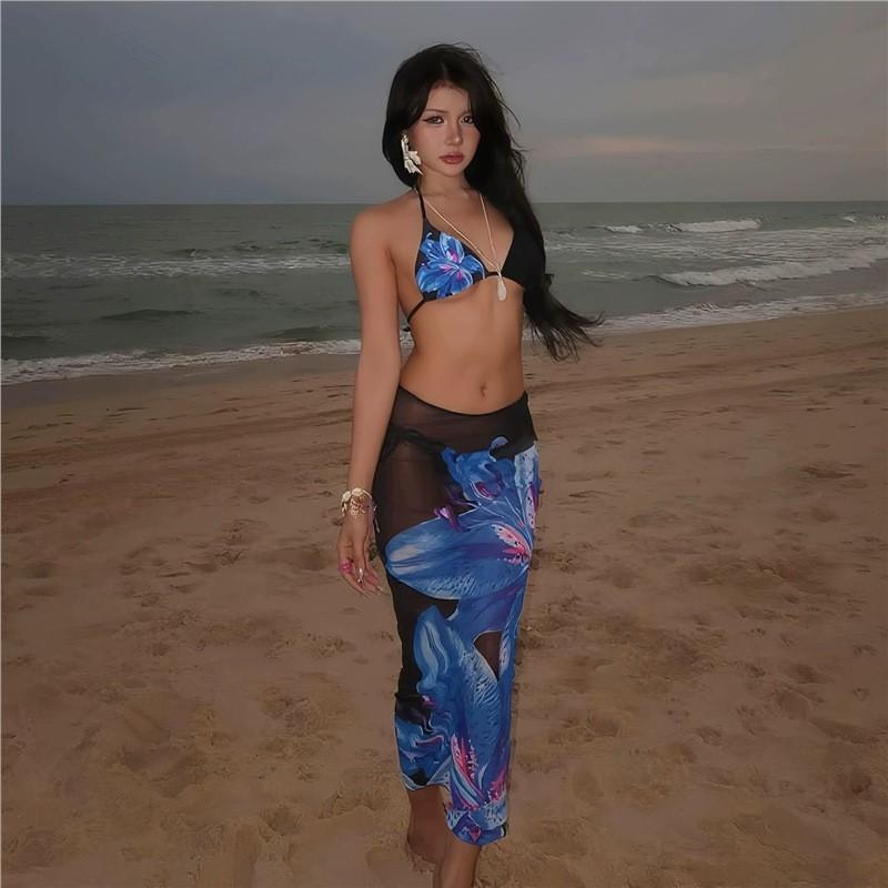 

Beautiful Long Dress Hot Swimsuit Female Ins Sexy Retro Blue Print Bikini Mesh Island Vacation High-end L синий