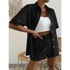 Cotton and Linen Fashion Set, Solid-color Pocket Patch Off-the-shoulder Shirt and Shorts, Solid-color Short-sleeved Shirt