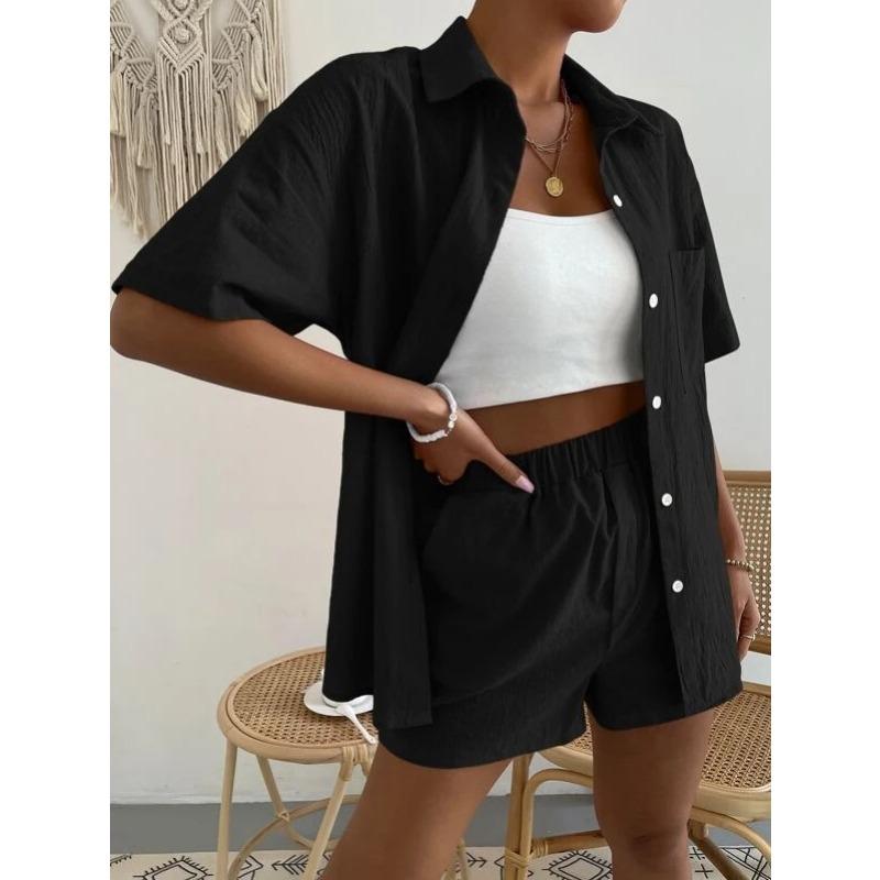 Cotton and Linen Fashion Set, Solid-color Pocket Patch Off-the-shoulder Shirt and Shorts, Solid-color Short-sleeved Shirt