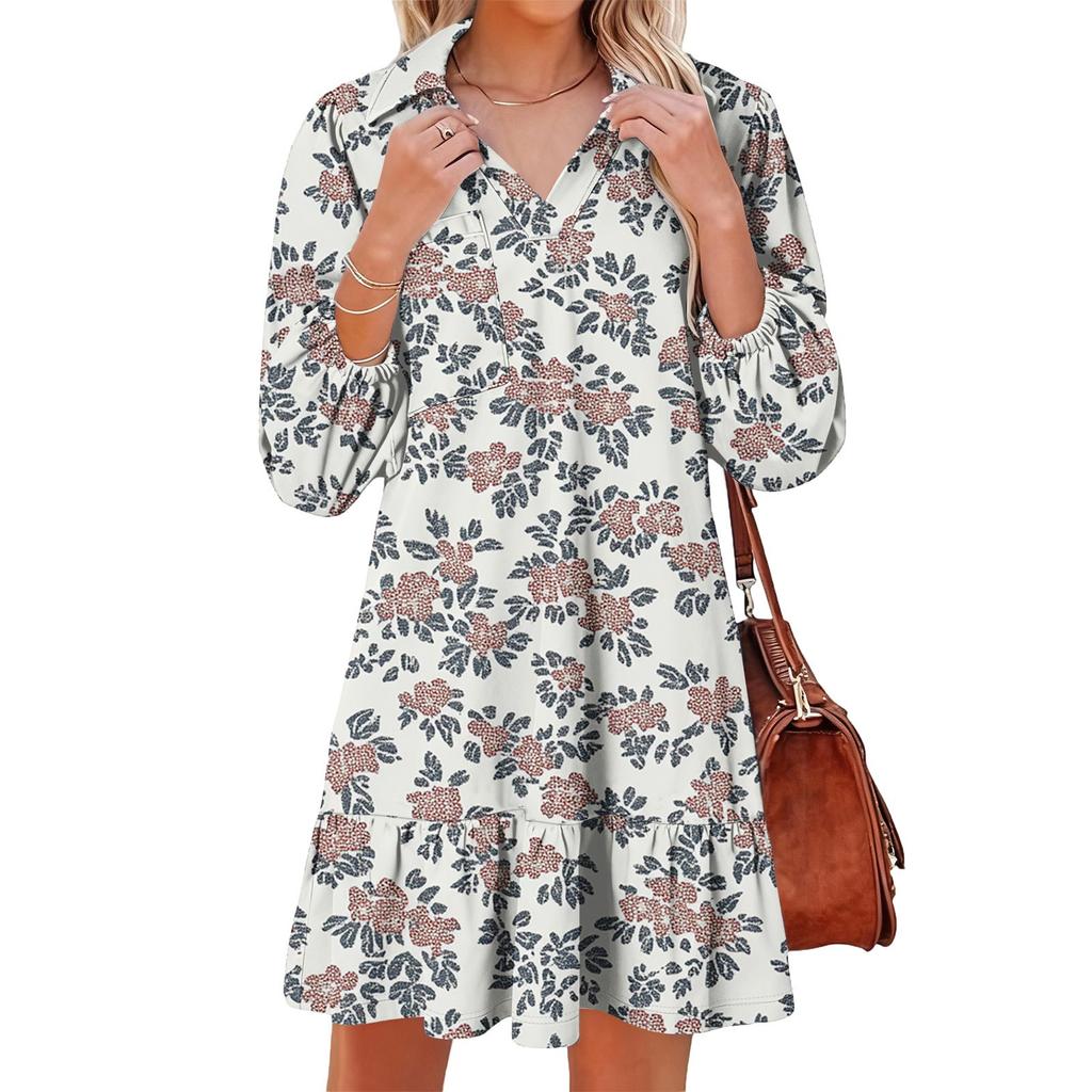 Women's Fashion Elegant Autmn And Winter Long Sleeve V,Neck Christmas Print Dress