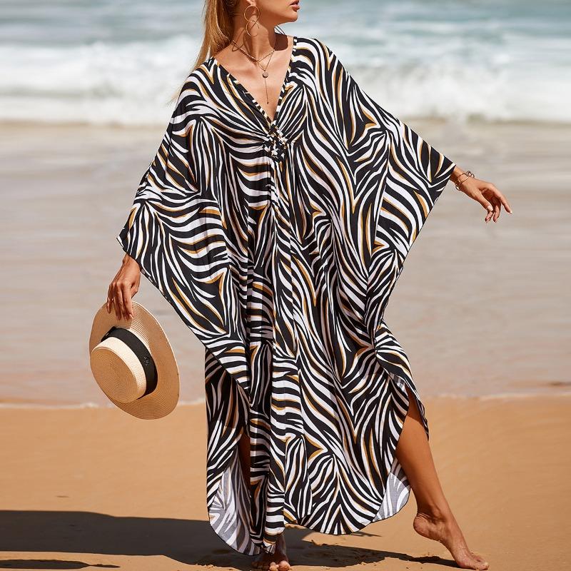 Damen Kleid Bedrucktes Strandkleid Lockeres Übergröße Urlaubs-Bikini-Oberhemd