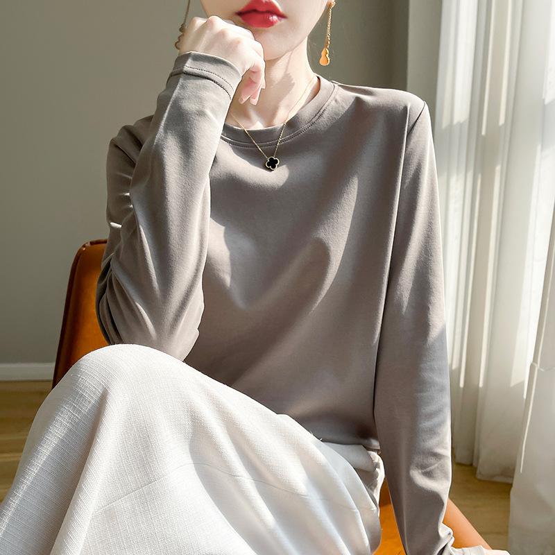 Spring Autumn Cotton Long-Sleeved T-Shirt Women's Round Neck Mercerized Cotton Bottoming Shirt Loose Top