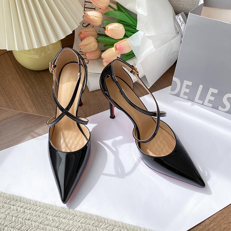 Nude high heels women's stilettos new summer sexy royal sister cross strap pointed head red sole bag head sandals