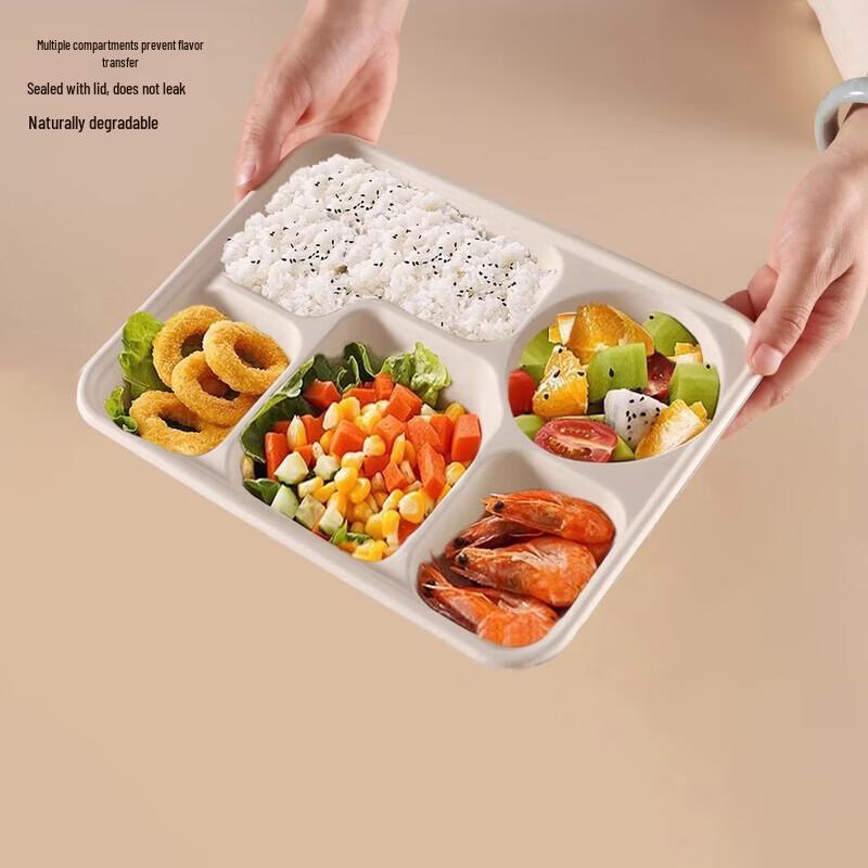 Degradable 5-Compartment Bagasse Meal Boxes with Lids