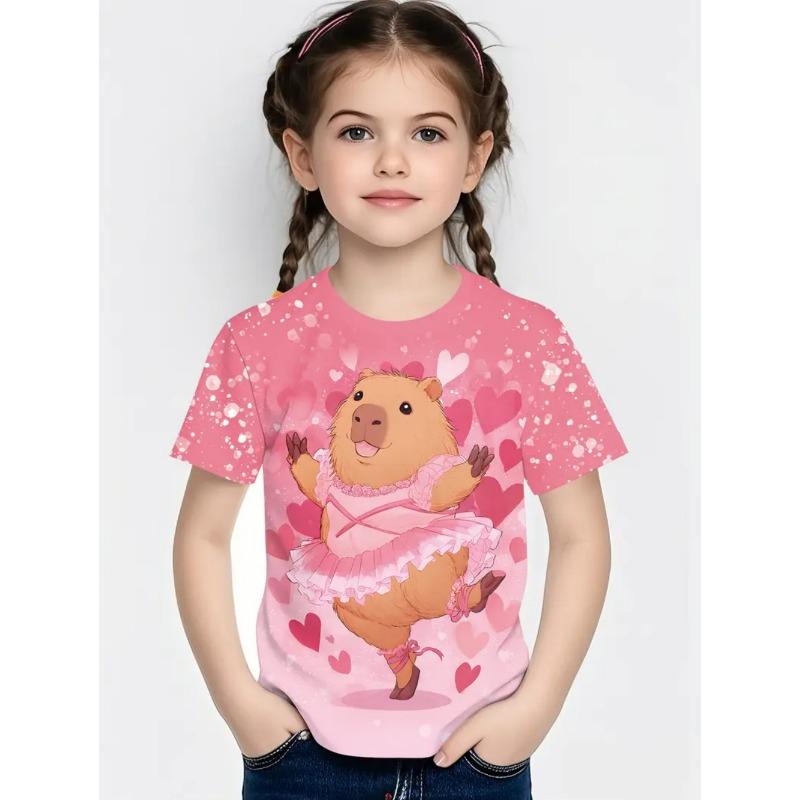 T-Shirts for Girls Fashion Capybara Children Clothes Summer Girls Clothes 7 To 8 Years Tops Cute Cartoon Print Tee Child T-Shirt
