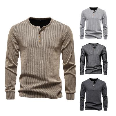 Herren Gestreiftes Henley-Shirt Langarm Lässiges Oberteil für Herren Herbst Winter Warm Mode Knopfleiste Texturiert Männliche Bluse