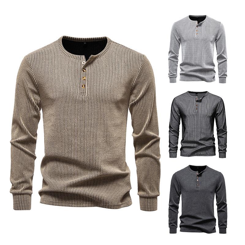 Men's Striped Henley Shirt Long Sleeve Casual Top for Men Autumn Winter Warm Fashion Button-Down Textured Male Blouse