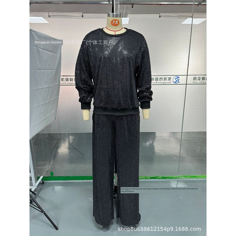 American Cross-Border Autumn and Winter Women clothes Starry Sky Starry Sky Long sleeve round Neck Loose Top Drawstring Wide Leg Two-piece Set Suit