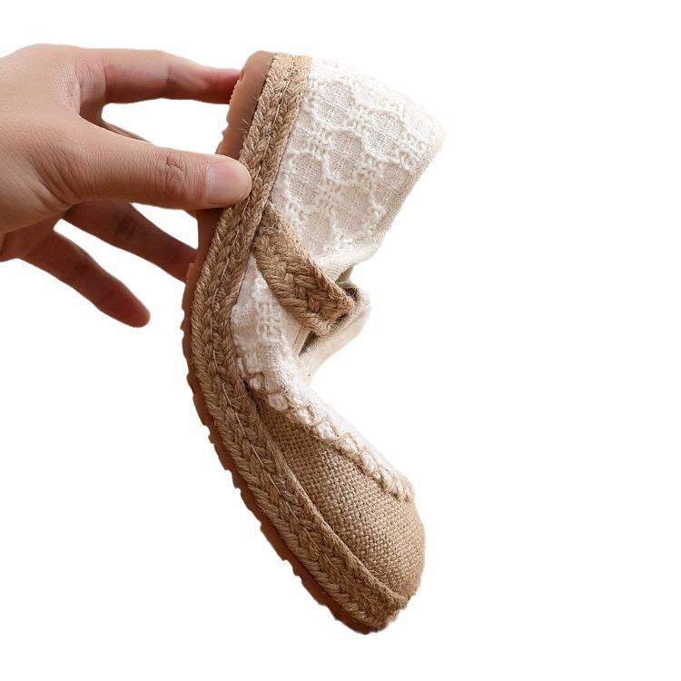 Pastorální Xiaoxiangfeng lněné látkové boty ve starém pekingském stylu dámské studentské plátěnky líné nazouvací poloviční pantofle prodyšné rybářské boty